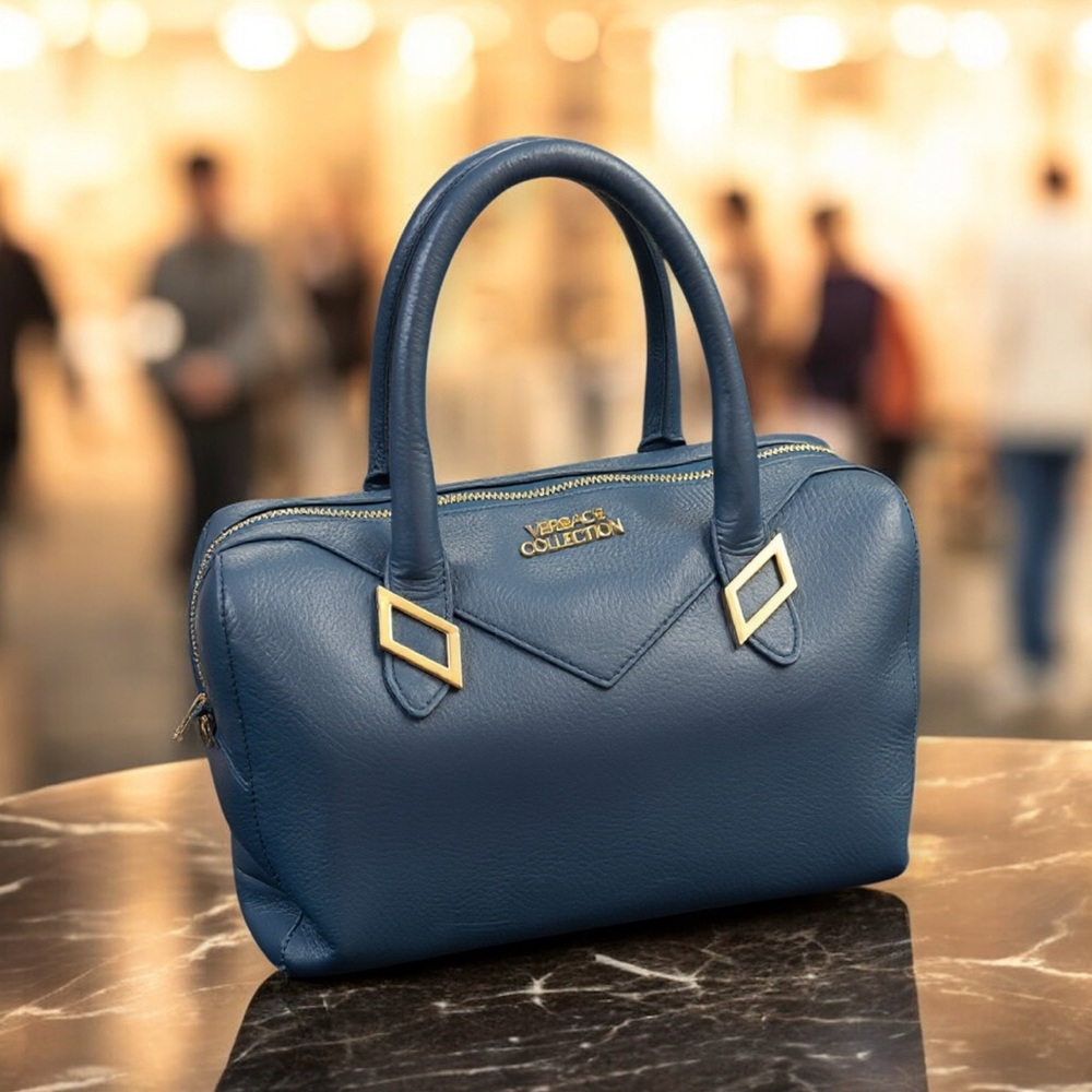 Versace Collection Vitello Handbag Blue Leather with Shoulder Strap and Dust Bag